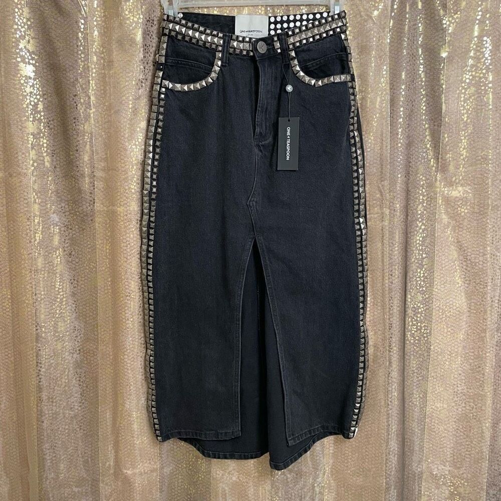 Free People x One Teaspoon Black Denim Oak Studded Rocko Slit Maxi Skirt 2/24 NW